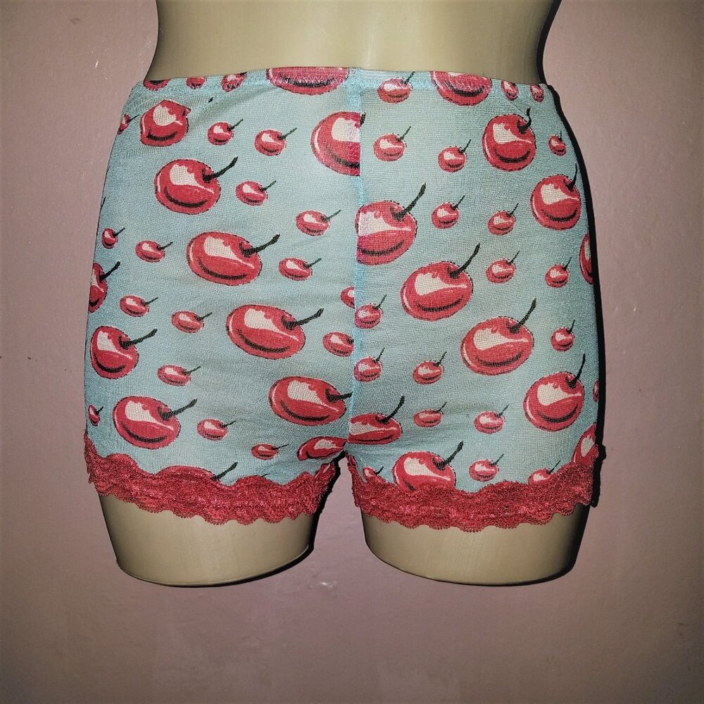 Vintage Mary Green Boyshort Panties~Blue Cherry Print Sheer Silk Knit~Red Lace S